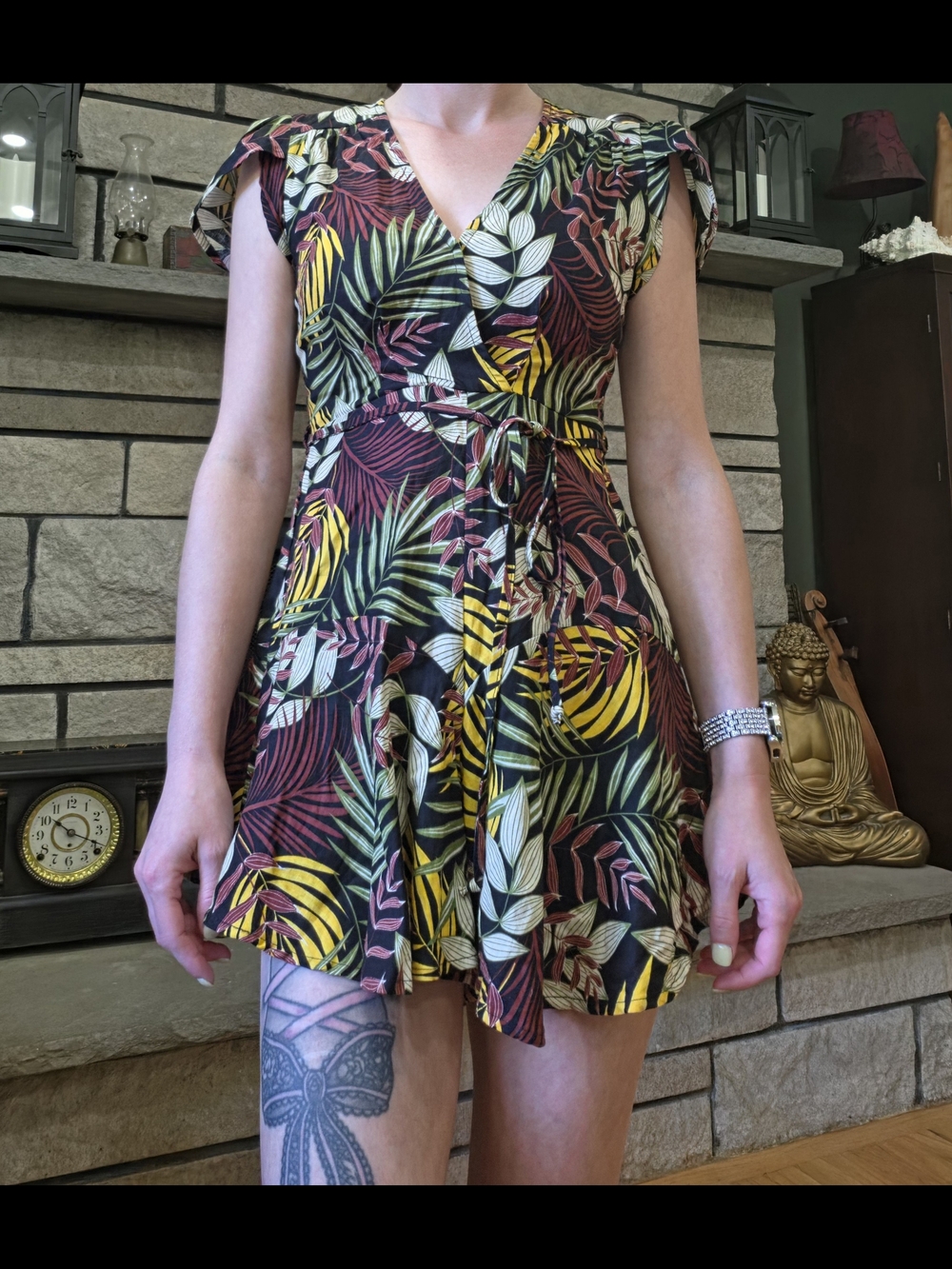 Olivaceous Tropical Leaf Wrap-Style Mini Dress in Yellow, Green & Burgundy